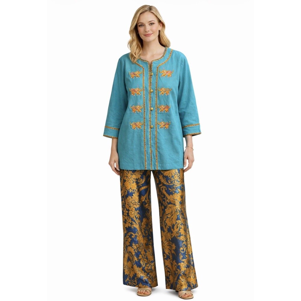 Bob Mackie Wearable Art Teal Elephant Embroidery 3/4 Sleeve Womens Jacket XL